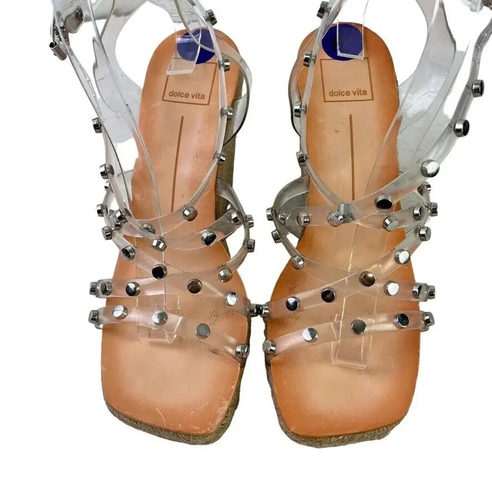 Dolce Vita Maxton Espadrille Womens Clear Studded Wedge Sandals Square Toe 8.5